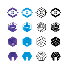 Fototapeta premium Real estate Hexagon logo sign collection. Paper material design, flat and line style