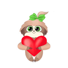 Happy Cute Sloth Cartoon Character smiling and holding a big Red Heart isolated on white background