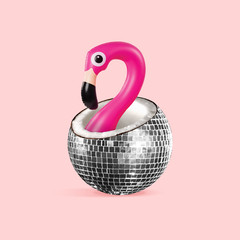 Summer vibes. Coconut as a discoball with rubber flamingo inside it on coral background. Negative space to insert your text. Modern design. Contemporary art. Creative conceptual and colorful collage.