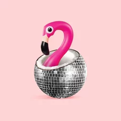 Fotobehang Summer vibes. Coconut as a discoball with rubber flamingo inside it on coral background. Negative space to insert your text. Modern design. Contemporary art. Creative conceptual and colorful collage. © master1305