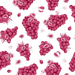 Grape bunch seamless pattern on white background with leaves, Fresh organic food, Grapes pattern background, Fruit vector illustration.