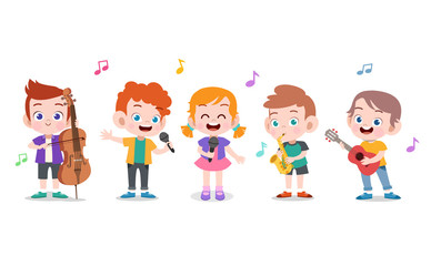 Cartoon little kids playing music vector