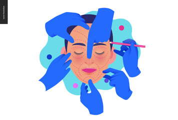 Medical insurance -cosmetic, plastic, aesthetic surgery -modern flat vector concept digital illustration -surgical cosmetic procedure metahor -female face, dotted lines, hands wearing surgical gloves