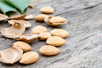 The core of apricots and stones on the background of old boards. Apricot pits for the manufacture...