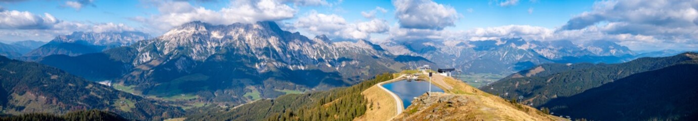 Fototapeta na wymiar Panorama view on Austrian Alps called the Steinere Meer in the region of Fieberbrunn