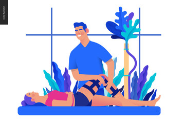 Medical insurance - orthopedic and traumathology -modern flat vector concept digital illustration - an orthopaedist attaching the orthosis to a lying female patient, medical office or laboratory