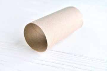 Cardboard sleeve from a roll of toilet paper with selective focus on neutral background. Out of toilet paper.  Recycled cardboard cylinder from toilet paper on white backdrop with empty space for text