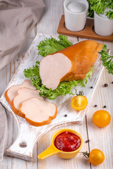  smoked chicken meat with spices and fresh vegetables