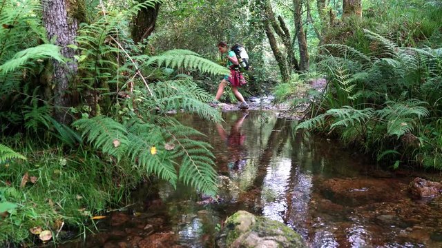4K footage of a female backpacker pilgrim on the Way to Santiago de Compostella on the Camino del Norte of Camino de Santiago passing a forest creek.