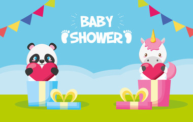 Obraz na płótnie Canvas panda unicorn gift boxes toy baby shower card