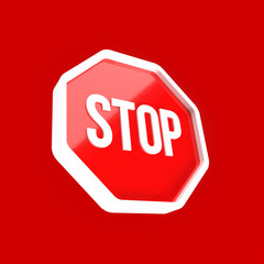 Stop red sign 3d rendering illustration. Warning stop symbol isolated on red background.