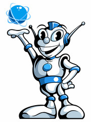Cartoon style robot, android with the energy ball in his hand, vector cartoon character.