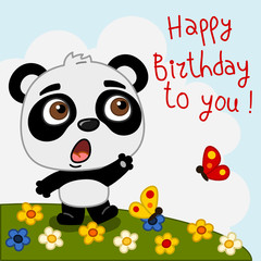 Greeting card - cute Panda bear sings a song Happy birthday to you
