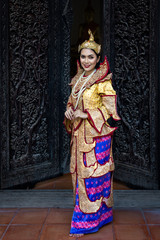 Fototapeta na wymiar Burmese beautiful woman in antique Myanmar or Burma traditional national dress costume clothes