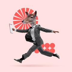 Time to work. Man in suit headed by deer's head dancing on coral background. Negative space to...