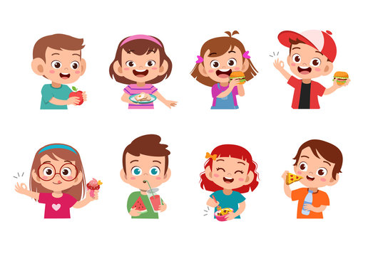 Collection of cartoon little boy eating fast food