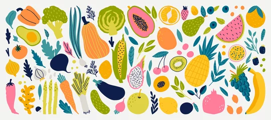 Fotobehang Vector colorful food set for your design. Cute doodle illustration with vegetables and fruits isolated on white background.  © bosotochka