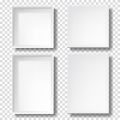 Realistic white box with shadow, blank box template with separate lid, isolated.
