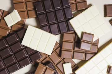 Top view chocolate bars on white background