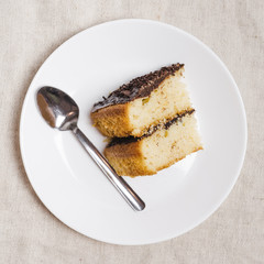 Top view piece of chocolate cake