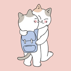 Cartoon cute back to school mother and baby cat kissing vector.
