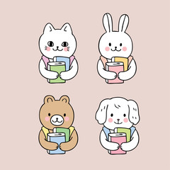 Cartoon cute back to school animals and book vector.