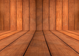 Close up blank curved  teak wooden wall and floor background and texture.