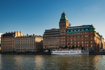 Buildings and ships along Nybrokajen embankment, Ostermalm district in central Stockholm, Sweden