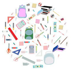 Pastel colors backpack, paints, crayons, pencils and school supplies in round shape.