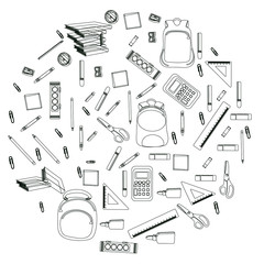 Outline icons of backpack, paints, crayons, pencils and school supplies in round shape on white background.