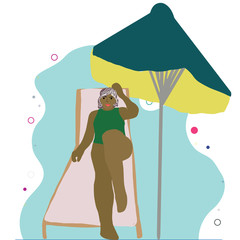 black woman resting on chaise loung under umbrella.