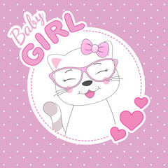 Greeting card Cute cat baby girl in glasses. Adorable kitty baby girl isolated in a pink background.