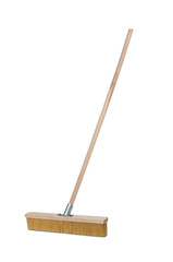 Broom with long wooden handle isolated on white background. Cleaning equipment for housework