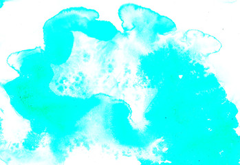 Turquoise watercolor splash background. Paint stains with spots, blots, grains, splashes. Colorful wallpaper.