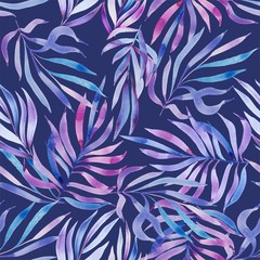 Purple palm leaves tropical pattern, watercolor handdrawn background.