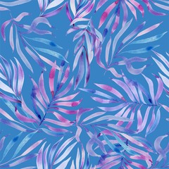 Purple palm leaves tropical pattern, watercolor handdrawn background.