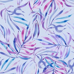 Fototapeta na wymiar Watercolor ltropical palm leaves pattern on light blue. Perfect for cards, invitations, fabric design.