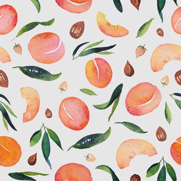 Watercolor peach pattern with leaves and different pieces on grey