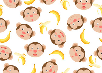 Seamless pattern of  cute face monkeys cartoon with banana on white background - Vector illustration