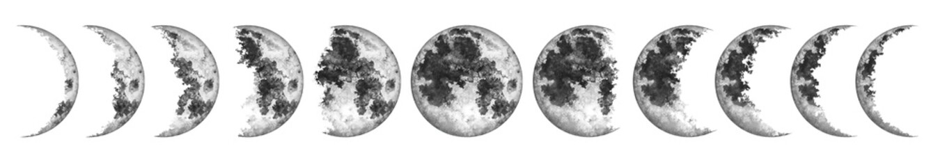 Fototapeta premium Moon phases isolated on white background. Watercolor hand drawn illustration.