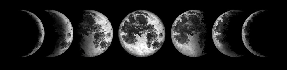 Moon phases isolated on black background. Watercolor hand drawn illustration.