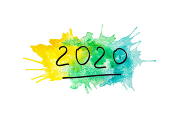 Happy New Year 2020 card with numbers on yellow and green  watercolor painting background, hand drawn