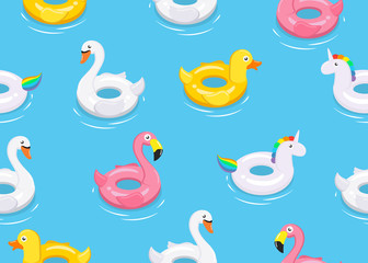 Seamless pattern of colorful animals floats cute kids toys on blue background  - Vector illustration.