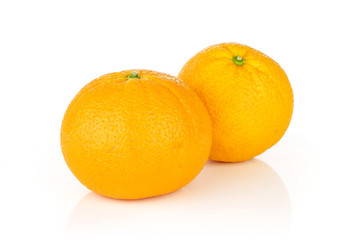 Group of two whole fresh sweet orange one is in front of the other isolated on white background