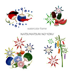 Translation: "Summer Festival Night". Watercolor composition depicting traditional Japanese  elements for the summer festival