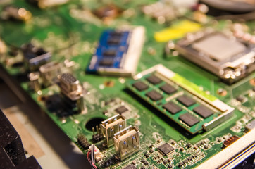it background connectors on the motherboard of computer close up