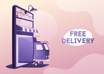 Online delivery. Big smartphone turned into internet shop with door. Cartoon vector illustration