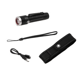 modern black metal flashlight isolated on white