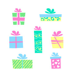 Vector illustration, colorful gift boxes set on white background. Can be used for greeting cards, stickers, promotion, banners. Colors: light yellow, pink, mint, green, blue.