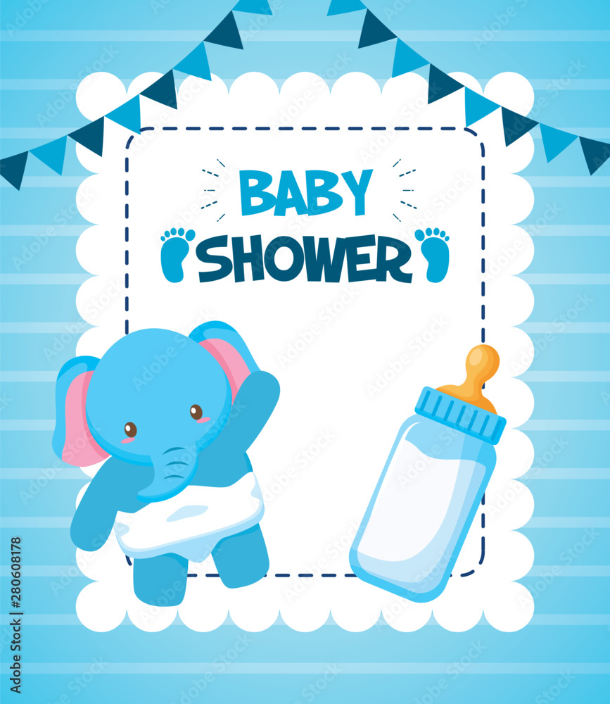 Wall mural elephant with milk bottle baby shower card